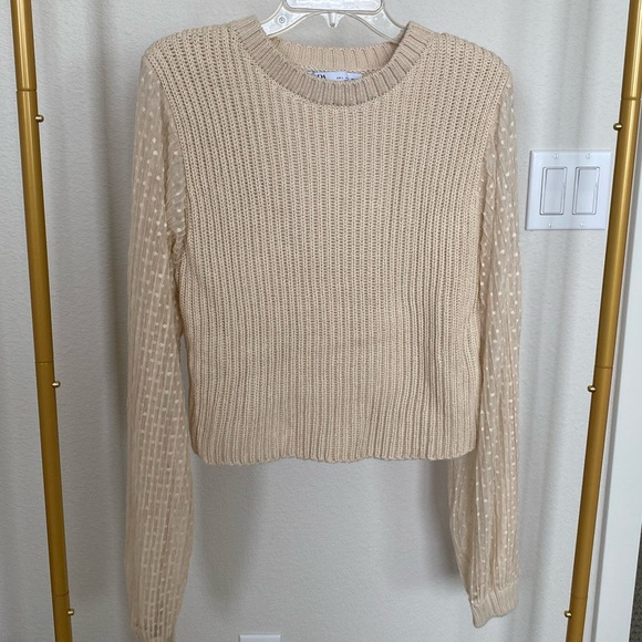 Zara Knit Sweater with Polka Dot Sleeves - Beige - Picture 1 of 5
